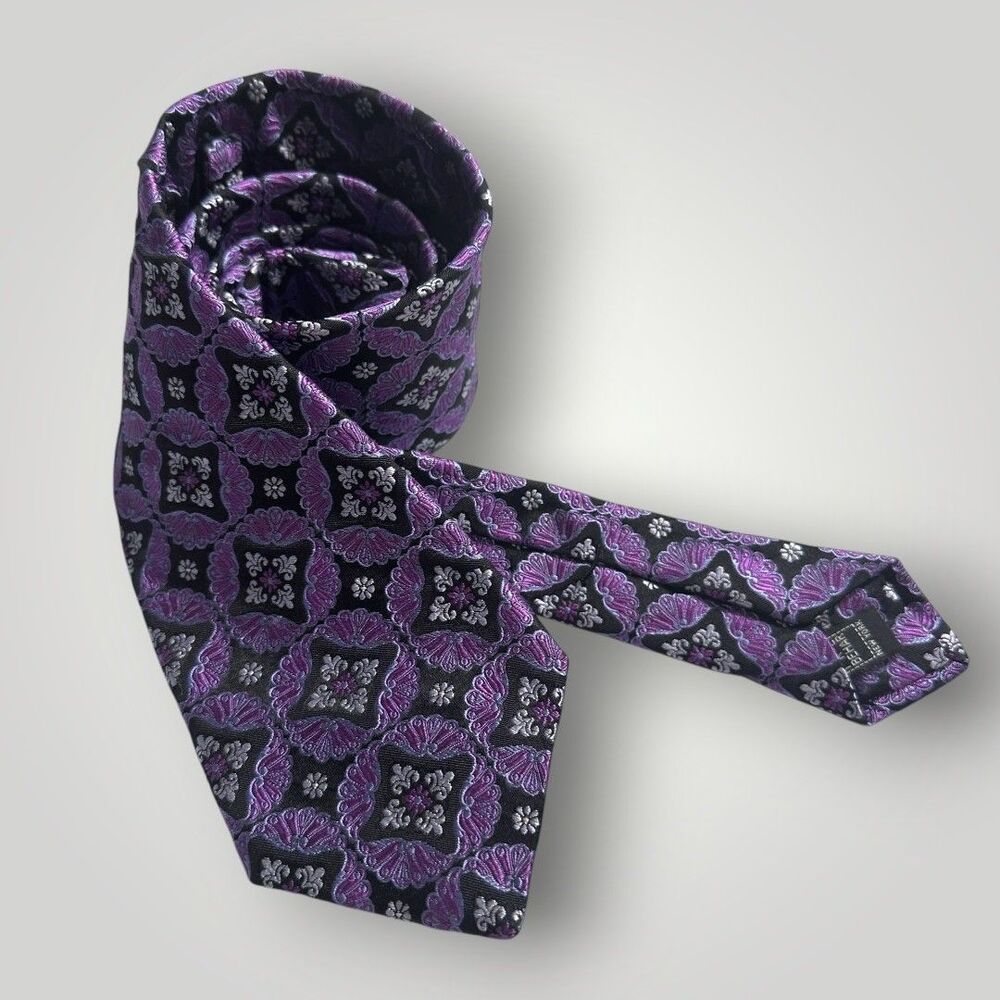 IKE BEHAR Tie Silk Tie Floral Geometric 100% Silk Necktie Black/PurplGray